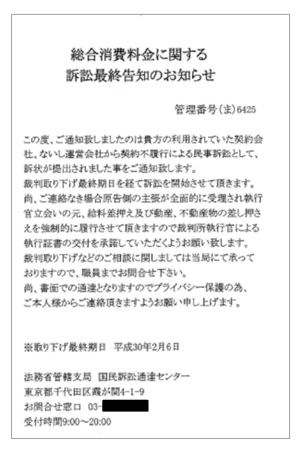 総合消費料金の架空請求ハガキ