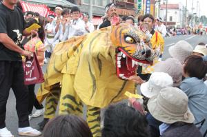 沿道の観客に虎舞が近付いている写真です。